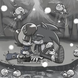 Size: 1009x1009 | Tagged: safe, artist:fliviartoon, sally acorn, sonic the hedgehog, chao, chipmunk, hedgehog, 2022, duo focus, female, firefly, forest, greyscale, group, happy, lake, male, nighttime, sally x sonic, sally's ringblader outfit, shipping, sitting, snuggling, straight, tree