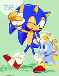 Size: 2480x3196 | Tagged: safe, artist:somebodystolemybread, sonic the hedgehog, chao, hedgehog, 2026, chaobetes, claws, cute, dialogue, duo, english text, fingerless gloves, green background, looking at each other, male, neutral chao, pointing, simple background, smile, sonabetes, text, walking, wink