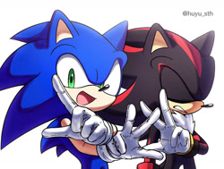 Size: 1280x970 | Tagged: safe, artist:huyusth, shadow the hedgehog, sonic the hedgehog, hedgehog, 2021, clenched teeth, cute, duo, duo male, eyes closed, looking at viewer, male, mouth open, open smile, pointing, simple background, smile, sonabetes, standing, v sign, white background