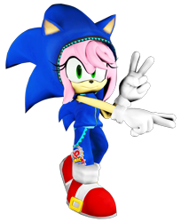 Size: 2981x3649 | Tagged: safe, artist:cutixemma, artist:jcthornton, artist:sanekogon, amy rose, 2022, 3d, cosplay, crossover, double v sign, hatsune miku, kigurumi, looking at viewer, simple background, smile, smiling at viewer, solo, transparent background, v sign