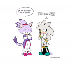 Size: 2000x1900 | Tagged: safe, artist:quaverdraws, blaze the cat, silver the hedgehog, cat, hedgehog, 2025, dialogue, duo, english text, female, male, shipping, silvaze, simple background, speech bubble, straight, thinking, white background
