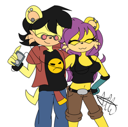 Size: 2464x2434 | Tagged: safe, artist:sonicgirlify, ash mongoose, mina mongoose, mongoose, 2018, clothes, duo, eyes closed, female, fully clothed, headphones, holding something, male, mina x ash, phone, shipping, simple background, smile, straight, white background