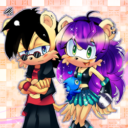 Size: 600x600 | Tagged: dead source, safe, artist:felicia-val, artist:onsta, ash mongoose, mina mongoose, chao, mongoose, 2010, clothes, collaboration, female, fully clothed, glasses, looking at viewer, male, mina x ash, shipping, sonic chao, straight, trio