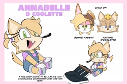 Size: 1920x1270 | Tagged: safe, artist:tvict101, antoine d'coolette, bunnie rabbot, oc, oc:annabelle d'coolette, coyote, rabbit, 2021, buntoine, character name, child, english text, fankid, female, giving object, looking at viewer, male, shipping, sitting, smile, solo, straight, weapon, wooden sword