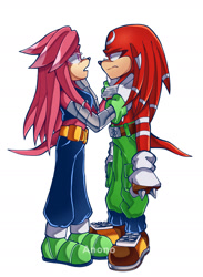 Size: 1125x1536 | Tagged: safe, artist:anonoarts, julie-su, knuckles the echidna, echidna, 2023, bare chest, clothes, cybernetic, duo, female, julie-su x knuckles, looking at each other, male, pants, shipping, simple background, straight, white background