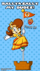 Size: 1152x2048 | Tagged: safe, artist:silvers_rings, sally acorn, chipmunk, 2026, acorn, cosplay, crossover, english text, female, flag, looking at viewer, pole, princess daisy, rally 4 sally, solo