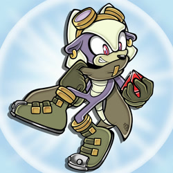 Size: 1280x1280 | Tagged: safe, artist:laverbomb, oc, oc:stone the armadillo, armadillo, 2026, chaos emerald, ear piercing, earring, eyewear on head, gloves, goggles, goggles on head, holding something, looking offscreen, oc only, scarf, shoes, smile, socks, solo, style emulation, uekawa style