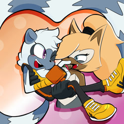 Size: 1280x1280 | Tagged: safe, artist:laverbomb, tangle the lemur, whisper the wolf, 2026, blushing, carrying them, chocolate, duo, feeding, food, gradient background, heart tail, lesbian, lesbian pride, looking at each other, mouth open, one fang, pride, shipping, smile, standing, tangle x whisper, wink