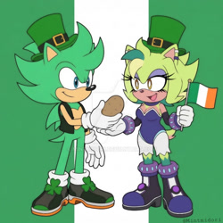 Size: 1024x1024 | Tagged: safe, artist:mintmidori, irish the hedgehog, oc, oc:mint the hedgehog, hedgehog, 2026, cleavage, clothes, country flag, deviantart watermark, duo, flag, food, hat, holding something, irish flag, looking at each other, mouth open, potato, smile, st.patrick's day, standing, vegetable, watermark