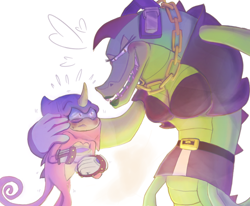 Size: 1454x1200 | Tagged: safe, artist:missplayer30, espio the chameleon, vector the crocodile, crocodile, 2020, alternate universe, blushing, chameleon, cleavage, clothes, duo, female, gender swap, half r63 shipping, heart, height difference, lidded eyes, looking at each other, male, shipping, simple background, smile, standing, straight, vecpio, white background