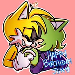 Size: 1000x1000 | Tagged: safe, artist:thechaosspirit, miles "tails" prower, oc, oc:ruby the racoon, fox, raccoon, 2017, blushing, canon x oc, clenched teeth, duo, english text, exclamation mark, eyes closed, female, heart, holding hands, male, outline, pink background, shipping, simple background, smile, straight, text