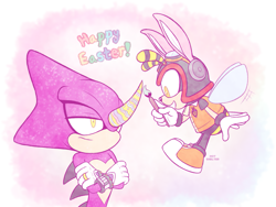 Size: 1535x1152 | Tagged: safe, artist:hotshelter, charmy bee, espio the chameleon, bee, 2025, bunny ears, chameleon, duo, duo male, easter, english text, flying, gradient background, holding something, lidded eyes, male, males only, mid-air, mouth open, paint, paintbrush, painting, rabbit ears, smile, standing, text