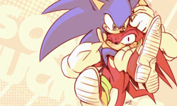 Size: 900x540 | Tagged: safe, artist:evmousser, knuckles the echidna, sonic the hedgehog, echidna, hedgehog, 2010, blushing, clenched teeth, duo, duo male, frown, hugging, looking at them, male, males only, one eye closed, signature, smile, standing, standing on one leg, treads