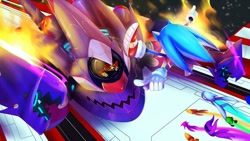 Size: 1024x577 | Tagged: safe, artist:evmousser, robotnik, sonic the hedgehog, wisp, hedgehog, human, 2010, arms out, cyan wisp, fight, fire, flying, green wisp, group, mid-air, nega-wisp armor, orange wisp, pointing, purple wisp, robot, sonic colors, treads, yellow wisp, youtube link in description