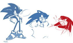 Size: 600x360 | Tagged: safe, artist:evmousser, knuckles the echidna, sonic the hedgehog, echidna, hedgehog, 2010, argument, bust, clenched fists, duo, duo male, exclamation mark, fangs, hands together, male, males only, monochrome, mouth open, shocked, shouting, simple background, smile, standing, white background