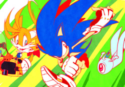 Size: 900x625 | Tagged: safe, artist:evmousser, miles "tails" prower, sonic the hedgehog, wisp, yacker, fox, hedgehog, 2010, agender, eyestrain, fingerless gloves, flying, frown, holding something, looking at each other, looking at them, male, mid-air, miles electric, mouth open, running, sonic colors, spinning tails, treads, trio