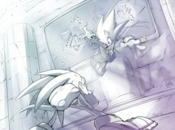 Size: 1024x761 | Tagged: safe, artist:evmousser, knuckles the echidna, sonic the hedgehog, echidna, hedgehog, 2011, abstract background, alternate version, clenched fists, clenched teeth, duo, falling, fight, fighting pose, greyscale, hidden palace zone (sonic 3), lineless, looking at each other, male, mid-air, monochrome, smile, sonic the hedgehog 3, standing, treads