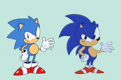 Size: 2048x1359 | Tagged: safe, artist:fanamationda, sonic the hedgehog, hedgehog, 2026, blue background, hand on hip, male, redraw, reference inset, simple background, smile, solo, standing, style emulation