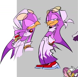 Size: 1300x1289 | Tagged: safe, artist:sanye000-going-doodoo, wave the swallow, bird, 2026, female, flat colors, hand in pocket, lidded eyes, looking at each other, looking at viewer, multiple views, reference inset, smile, solo, standing