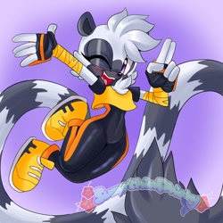 Size: 1000x1000 | Tagged: safe, artist:sumpthinphishy, tangle the lemur, 2026, blushing, chaotix case files, cute, female, gradient background, mid-air, mouth open, posing, smile, solo, tangabetes, wink
