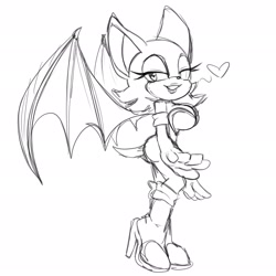 Size: 2048x2048 | Tagged: safe, artist:sumpthinphishy, rouge the bat, bat, 2026, busty rouge, clenched teeth, female, heart, lidded eyes, line art, looking at viewer, monochrome, side view, simple background, sketch, smile, solo, standing, white background