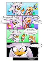 Size: 1000x1400 | Tagged: safe, artist:z0mb1ekidkai, cheese (chao), cream the rabbit, silver the hedgehog, chao, hedgehog, rabbit, 2026, agender, apple, babysitting, clenched teeth, comic, dialogue, english text, female, flying, food, frown, fruit, holding something, ice cream, looking at each other, looking at them, male, mid-air, neutral chao, signature, smile, speech bubble, standing, talking, text, trauma, trio
