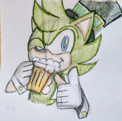 Size: 1280x1265 | Tagged: safe, artist:orangesquidy64, irish the hedgehog, hedgehog, 2026, beer, drink, drinking, foam, holding something, male, smile, solo, thumbs up, traditional media, wink
