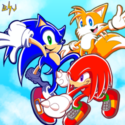 Size: 2560x2560 | Tagged: safe, artist:bluebolt-hedgehog, knuckles the echidna, miles "tails" prower, sonic the hedgehog, echidna, fox, hedgehog, sonic heroes, 2024, absurd res, backwards v sign, clenched fist, clenched fists, daytime, looking at viewer, looking offscreen, male, mid-air, mouth open, outdoors, posing, redraw, signature, smile, speedpaint available, speedpaint in description, team sonic, trio, v sign, youtube link in description