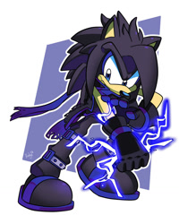 Size: 1024x1280 | Tagged: safe, artist:dredgeth, oc, oc:edge the obsidian, hedgehog, 2026, electricity, frown, looking down, male, oc only, outline, scarf, signature, solo