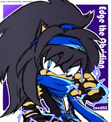 Size: 1024x1127 | Tagged: safe, artist:zeed_02, oc, oc:edge the obsidian, hedgehog, 2025, character name, electricity, english text, fingerless gloves, flat colors, lidded eyes, looking at viewer, male, ninja outfit, oc only, outline, scarf, signature, sketch, solo, text