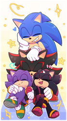 Size: 750x1348 | Tagged: safe, artist:ketlike, shadow the hedgehog, sonic the hedgehog, oc, oc:star the hedgehog (ketlike), oc:viore the hedgehog, hedgehog, 2025, brother and sister, eyes closed, family, fankid, father and child, father and daughter, father and son, female, gay, gradient background, group, magical gay spawn, male, parent:shadow, parent:sonic, parents:sonadow, shadow x sonic, shipping, siblings, smile, sparkles, star (symbol), third eye, wholesome