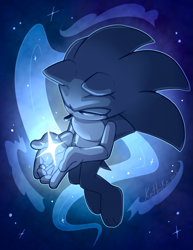 Size: 775x1004 | Tagged: safe, artist:ketlike, sonic the hedgehog, hedgehog, 2025, barefoot, dark, gloves off, holding something, lidded eyes, looking at something, male, outline, paws, signature, solo, sparkles, star (sky)