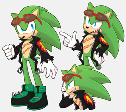 Size: 1000x892 | Tagged: safe, artist:ketlike, scourge the hedgehog, hedgehog, 2021, clenched teeth, grey background, hand on hip, lidded eyes, looking at viewer, looking offscreen, male, pointing, sharp teeth, simple background, smile, solo