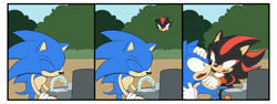 Size: 4104x1536 | Tagged: safe, artist:flashthewolf, shadow the hedgehog, sonic the hedgehog, hedgehog, 2026, attacking, border, bush, comic, daytime, drinking, duo, eyes closed, flat colors, looking at each other, looking at them, male, one fang, outdoors, standing, surprised, water, water fountain, youtube link in description