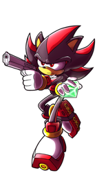 Size: 1024x1821 | Tagged: safe, artist:twisterth, shadow the hedgehog, hedgehog, 2018, arms folded, chaos emerald, frown, gun, holding something, looking offscreen, male, simple background, solo, standing, standing on one leg, transparent background, waking up (song), youtube link in description