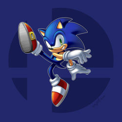 Size: 1280x1280 | Tagged: safe, artist:crabbin, sonic the hedgehog, hedgehog, 2021, abstract background, clenched teeth, leg up, looking at viewer, male, mid-air, outline, posing, smile, smiling at viewer, solo, super smash brothers, super smash brothers ultimate, treads