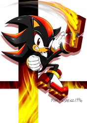 Size: 1191x1684 | Tagged: safe, artist:martinsaenz1996, shadow the hedgehog, hedgehog, 2019, clenched fist, clenched teeth, fighting pose, fire, flame, frown, kicking, leg up, looking at viewer, male, mid-air, posing, shine, signature, solo, super smash brothers, super smash brothers ultimate