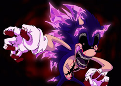 Size: 1280x910 | Tagged: safe, artist:langxl, sonic the hedgehog, oc, oc:sonic.exe, oc:xenophanes, hedgehog, 2021, black sclera, bleeding, bleeding from eyes, blood, blood stain, friday night funkin, male, mouth open, nightmare fuel, sharp teeth, solo, standing