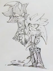 Size: 600x800 | Tagged: safe, artist:34_6, mephiles the dark, silver the hedgehog, 2026, cup, duo, food, grey background, greyscale, holding something, lidded eyes, looking at them, monochrome, mouth open, pencilwork, signature, simple background, sketch, standing, traditional media