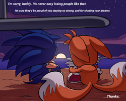 Size: 1500x1200 | Tagged: safe, artist:thatphantomstar, miles "tails" prower, sonic the hedgehog, 2026, abstract background, clouds, dialogue, duo, english text, floppy ears, from behind, moon, ocean, outdoors, sitting, sonic and tails: brotherhood, star (sky), text, water