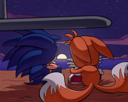 Size: 1280x1024 | Tagged: safe, artist:thatphantomstar, miles "tails" prower, sonic the hedgehog, 2026, abstract background, alternate version, clouds, duo, floppy ears, from behind, moon, ocean, outdoors, sitting, sonic and tails: brotherhood, star (sky), textless version, water