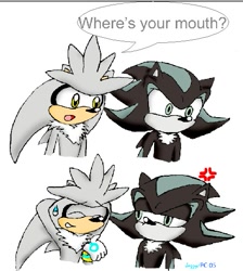 Size: 451x504 | Tagged: safe, artist:caninehuntress, mephiles the dark, silver the hedgehog, 2008, cross popping vein, dialogue, duo, english text, eyes closed, hand behind head, looking at them, mouth open, signature, simple background, smile, speech bubble, sweatdrop, white background