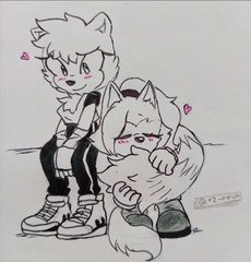 Size: 230x240 | Tagged: safe, artist:ha-neun12, tangle the lemur, whisper the wolf, 2026, blushing, cute, eyes closed, gloves, grey background, heart, holding something, holding tail, line art, low res, monochrome, shipping, shoes, signature, simple background, sitting, smile, spot color, tangabetes, tangle x whisper, whispabetes