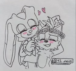 Size: 1424x1322 | Tagged: safe, artist:ha-neun12, cream the rabbit, miles "tails" prower, fox, rabbit, 2026, blushing, cream x tails, creamabetes, cute, duo, eyes closed, flower, flower crown, gloves, heart, line art, monochrome, shipping, signature, smile, spot color, standing, straight, tailabetes