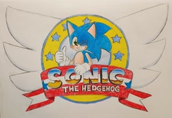 Size: 3363x2316 | Tagged: safe, artist:maribellearts, sonic the hedgehog, hedgehog, 2026, blushing, character name, clenched teeth, emblem, english text, looking at viewer, pencilwork, simple background, smile, smiling at viewer, solo, text, thumbs up, traditional media, wink, winking at viewer