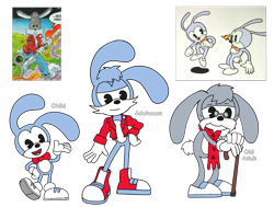 Size: 2640x1994 | Tagged: safe, artist:algahiem3, feels the rabbit, johnny lightfoot, rabbit, 2024, age progression, alternate universe, boots, bowtie, cane, flat colors, glasses, gloves, jacket, lidded eyes, looking at viewer, reference inset, scarf, self paradox, shoes, simple background, smile, socks, standing, transparent background, trio