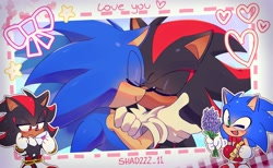 Size: 2048x1258 | Tagged: safe, artist:shadzzz_11, shadow the hedgehog, sonic the hedgehog, 2026, bouquet, bow, chocolate box, cute, duo, english text, eyes closed, flower, gay, heart, holding each other, lavender, letter, love letter, photo, shadow x sonic, shadowbetes, shipping, sonabetes, text, wink