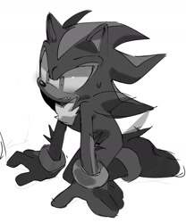 Size: 1192x1432 | Tagged: safe, artist:shadzzz_11, shadow the hedgehog, 2024, arm fluff, blushing, frown, gloves off, greyscale, hand on ground, kneeling, looking offscreen, monochrome, one fang, simple background, solo, sweatdrop, wagging tail, white background
