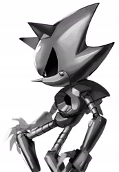 Size: 1233x1783 | Tagged: safe, artist:shadzzz_11, metal sonic, 2024, black sclera, greyscale, looking offscreen, monochrome, robot, side view, simple background, solo, white background