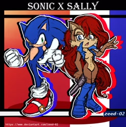 Size: 1444x1459 | Tagged: safe, artist:zeed_02, sally acorn, sonic the hedgehog, chipmunk, hedgehog, 2025, character name, duo, female, gun, holding something, long hair, looking at viewer, male, pointing, pose, revolver, sally x sonic, sally's vest and boots, shipping, straight